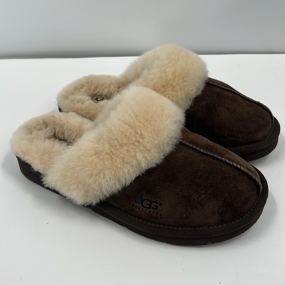 UGG Brown Suede Shearling Clog Mules with Cream Fur Trim